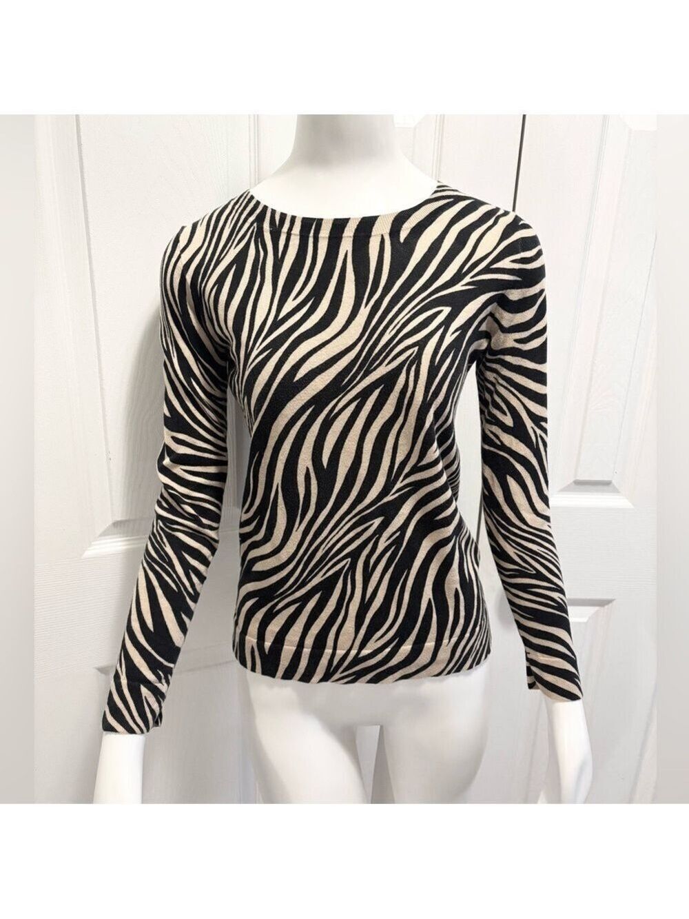 J.Crew Animal Print Zebra Teddie Sweater Black Tan Cotton Crew Neck Top Size XS